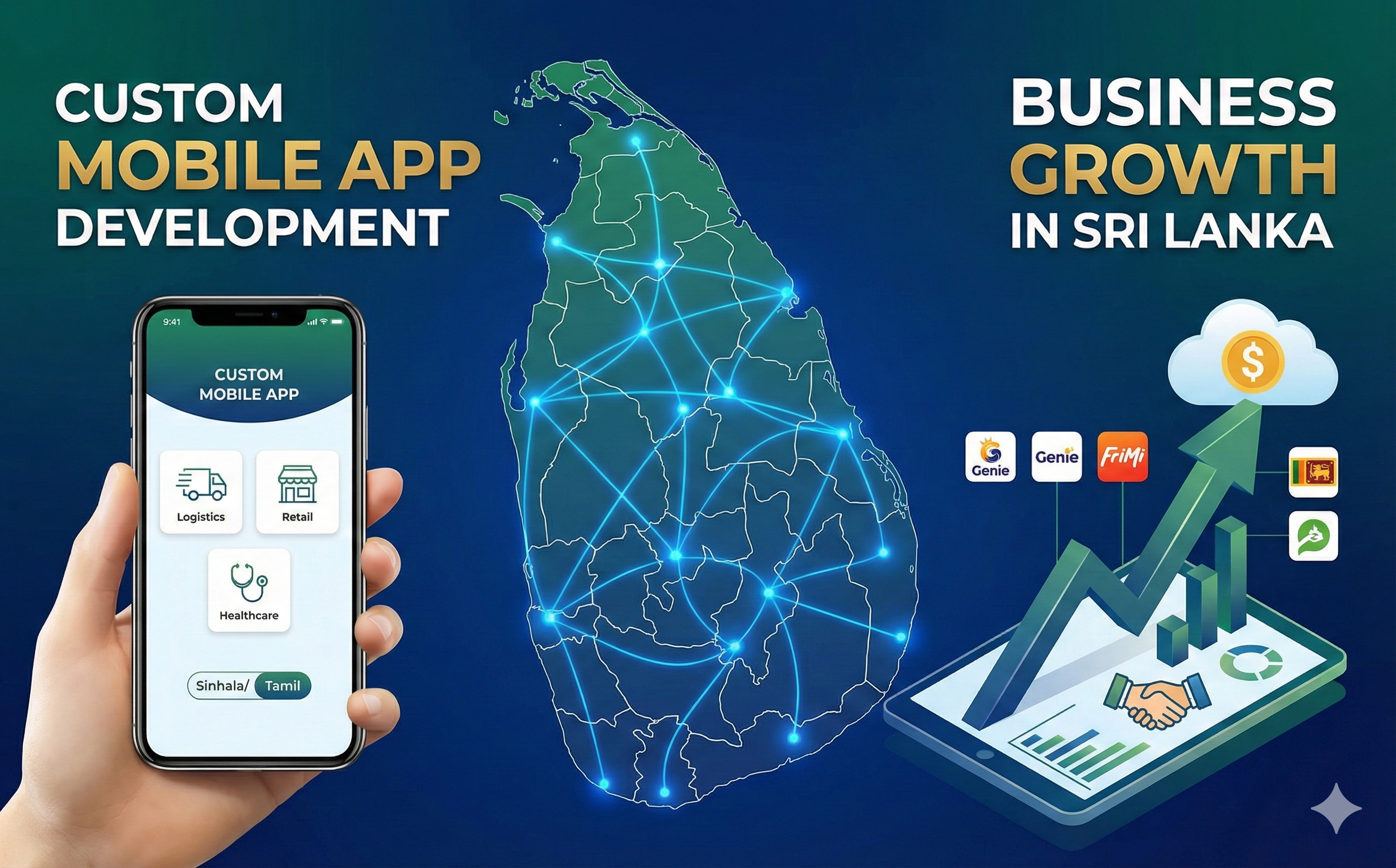 Custom mobile app development for Sri Lankan businesses 2026 - iOS and Android apps with Dialog Pay, FriMi integration, offline functionality, and scalable architecture for business growth